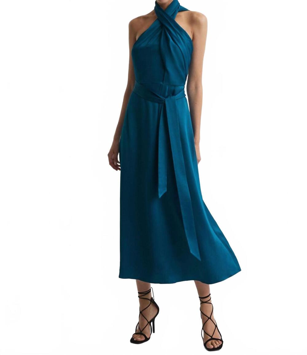 NEW REISS vida satin halter neck dress in teal blue